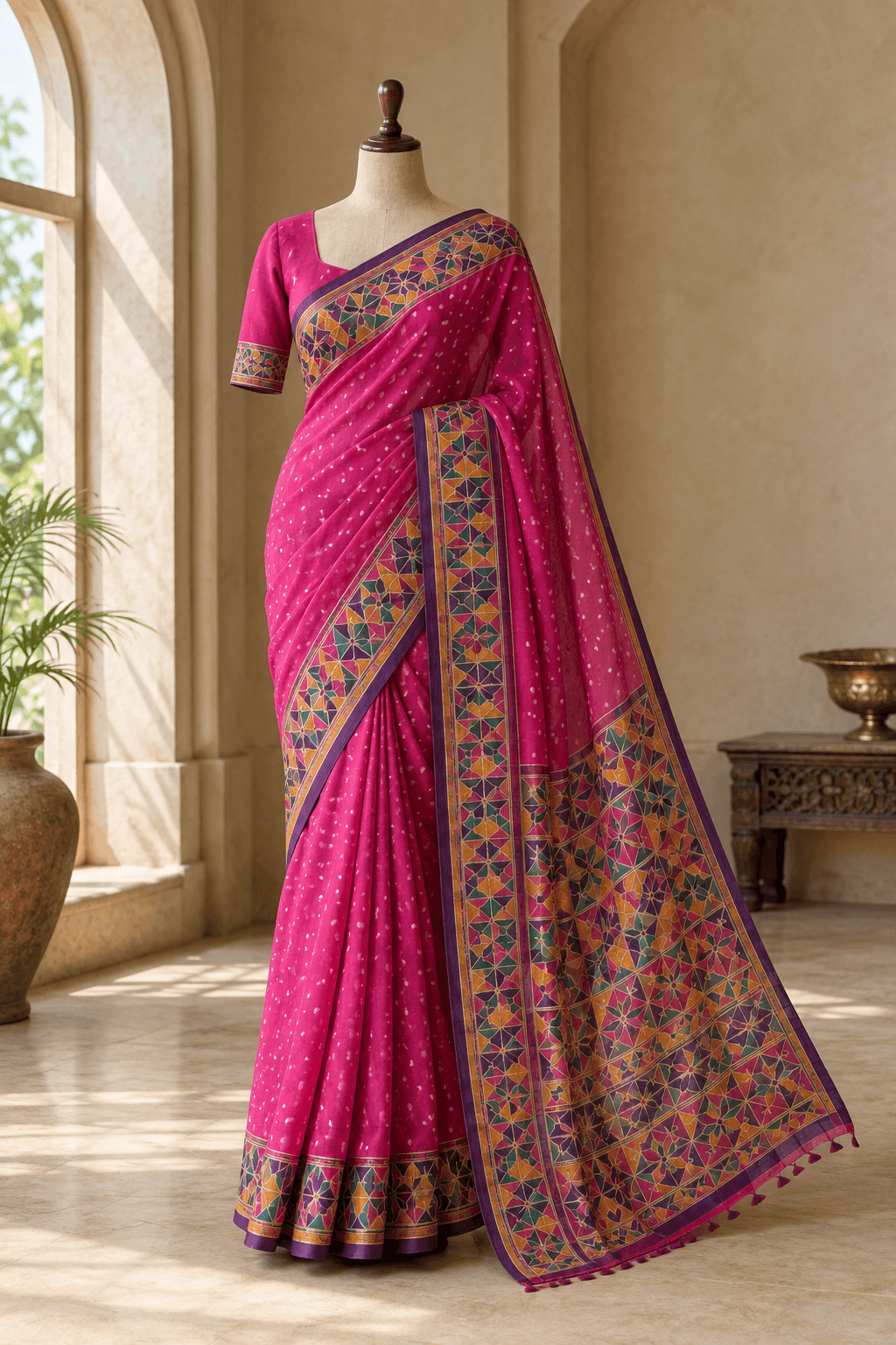 M/S Janani Magenta Pink Geometric Mosaic Handloom Saree